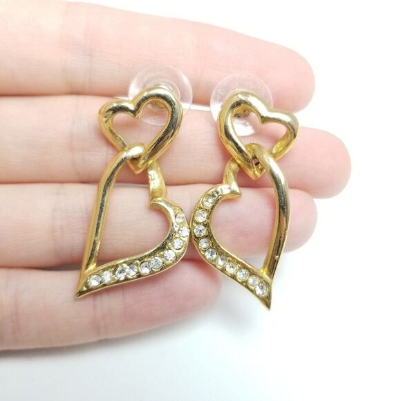 Vintage Interlocking Heart Dangle Stud Earrings, Gold Tone Rhinestone, Sweet - Picture 1 of 5